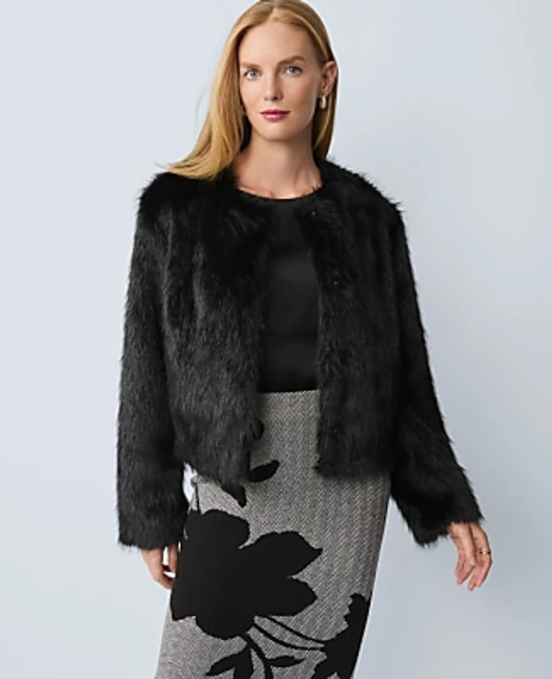 Ann Taylor Petite Faux Fur Crew Neck Jacket Black Women's