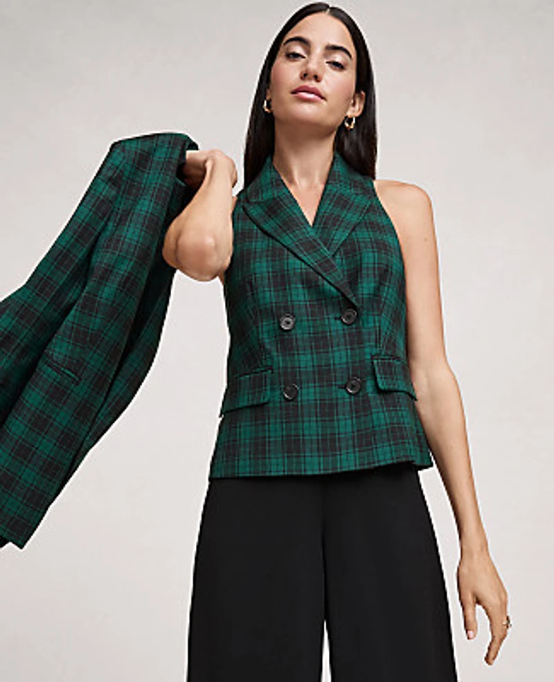 Ann Taylor The Petite Double Breasted Vest Plaid Ponderosa Pine Women's