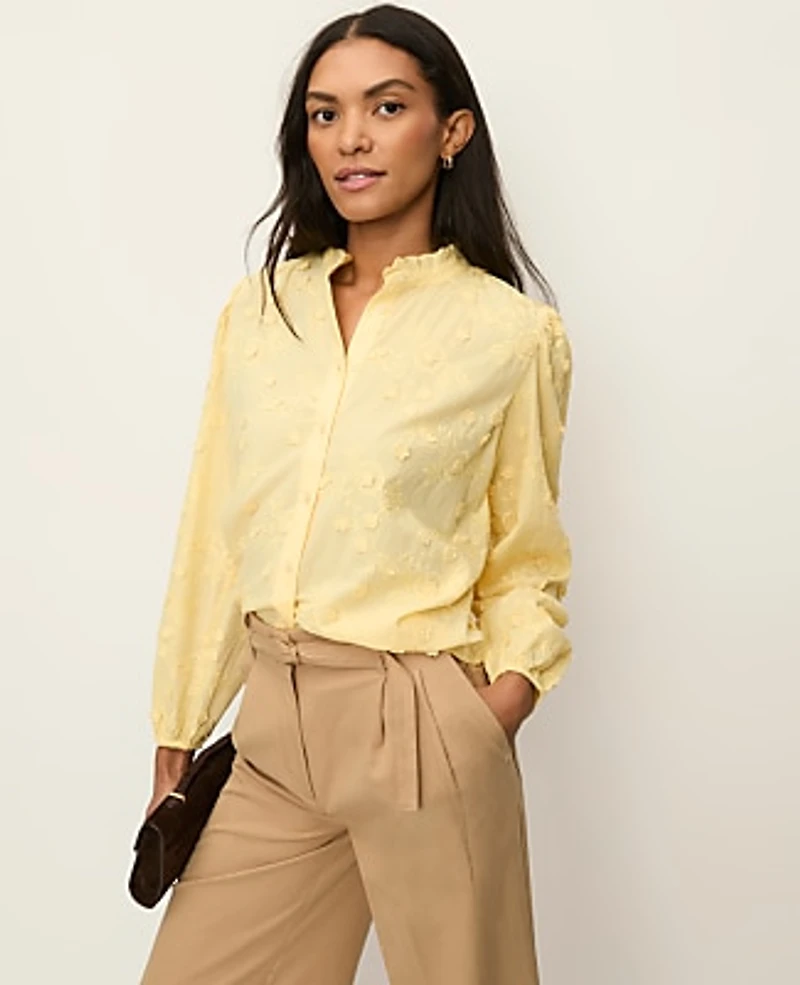 Ann Taylor Embroidered Ruffle Collar Shirt Women's