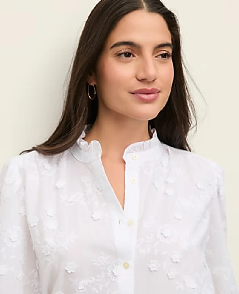 Ann Taylor Embroidered Ruffle Collar Shirt Women's