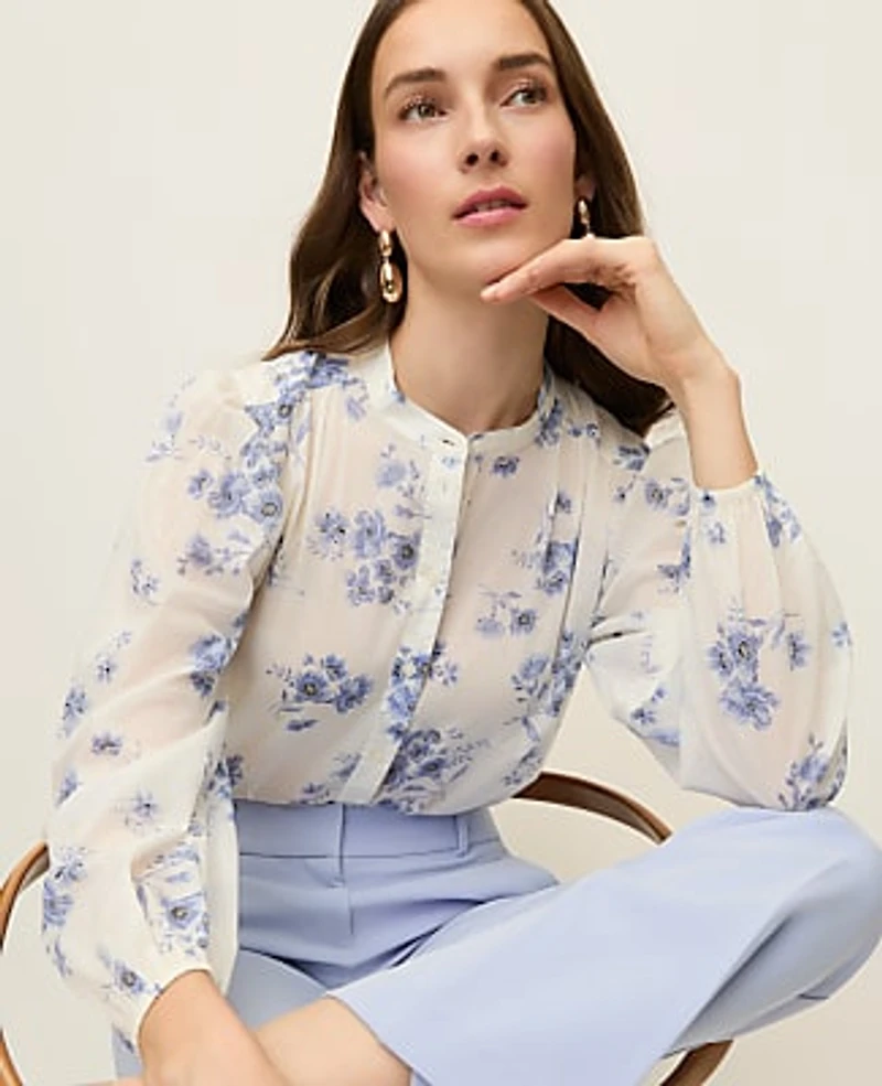 Ann Taylor Floral Embroidered Collar Blouse Winter White Women's