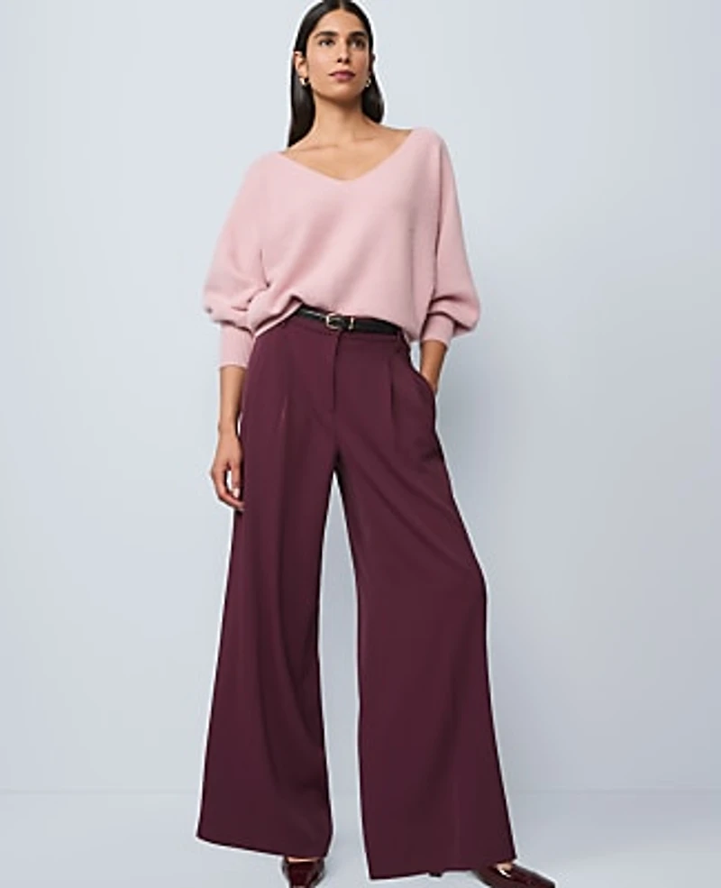 Ann Taylor The Petite Pleated Wide-Leg Pant Bi-Stretch Poised Plum Women's
