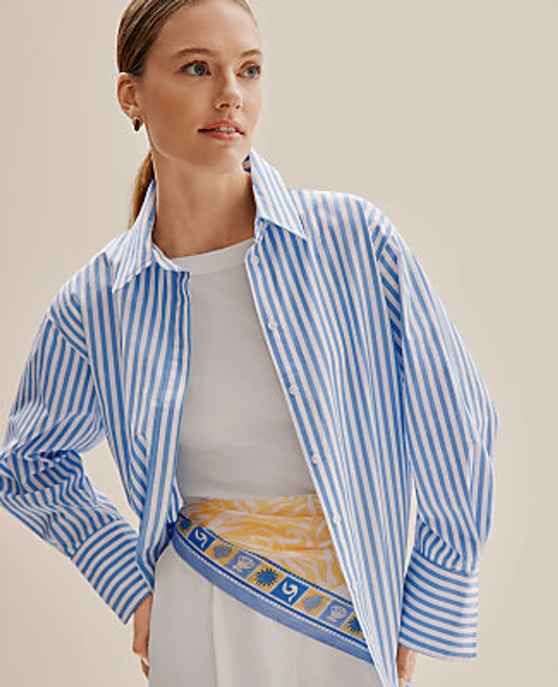 Ann Taylor Weekend Striped Button Down Shirt White Blue Women's