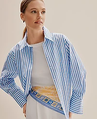 Ann Taylor Weekend Striped Button Down Shirt White Blue Women's
