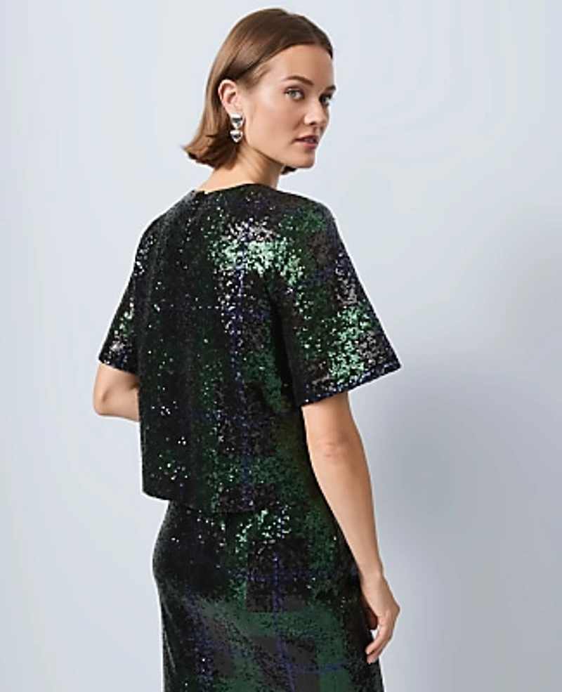 Ann Taylor Sequin Plaid Blouse Black 1 Women's