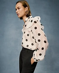 Ann Taylor Petite Dotted Ruffle Trim Blouse Ivory Whisper Women's