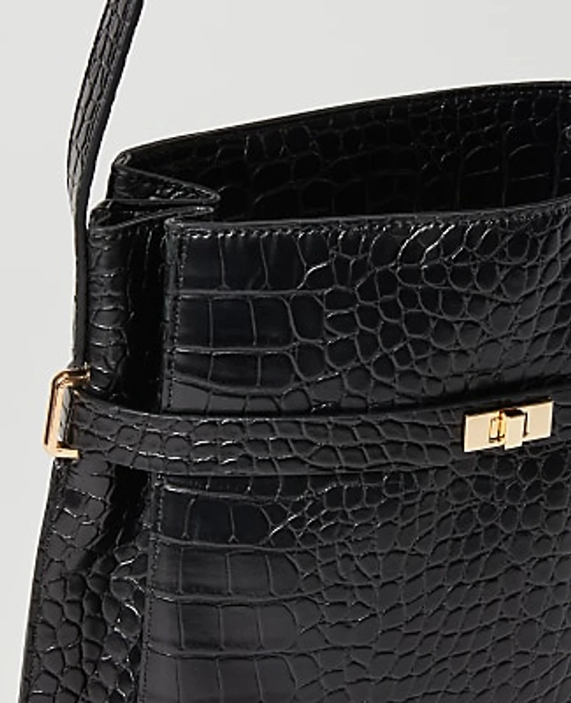 Ann Taylor Croco Belted Bucket Bag Black Women's