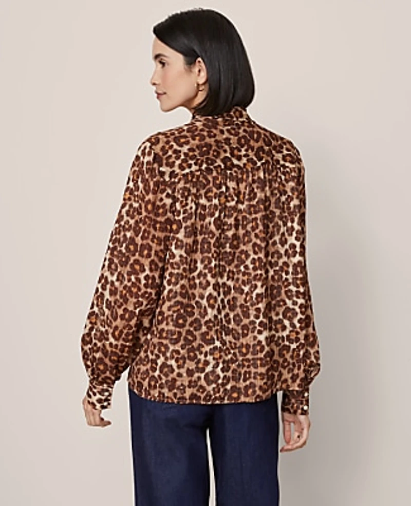 Ann Taylor Petite Animal Print Tie V-Neck Popover Top Pale Sandalwood Women's