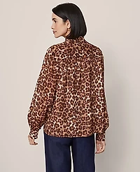Ann Taylor Petite Animal Print Tie V-Neck Popover Top Pale Sandalwood Women's