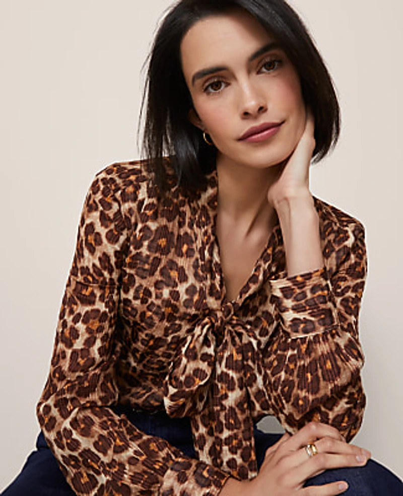 Ann Taylor Petite Animal Print Tie V-Neck Popover Top Pale Sandalwood Women's