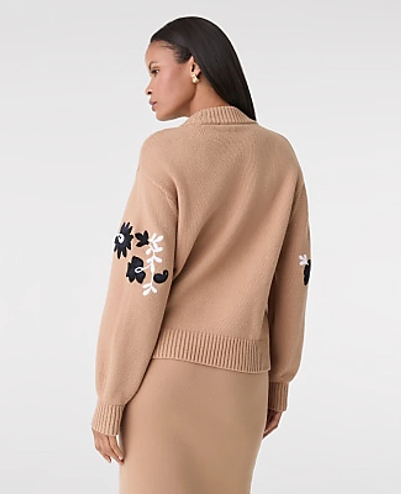 Ann Taylor Embroidered Floral Mock Neck Sweater Cafe Au Lait Women's