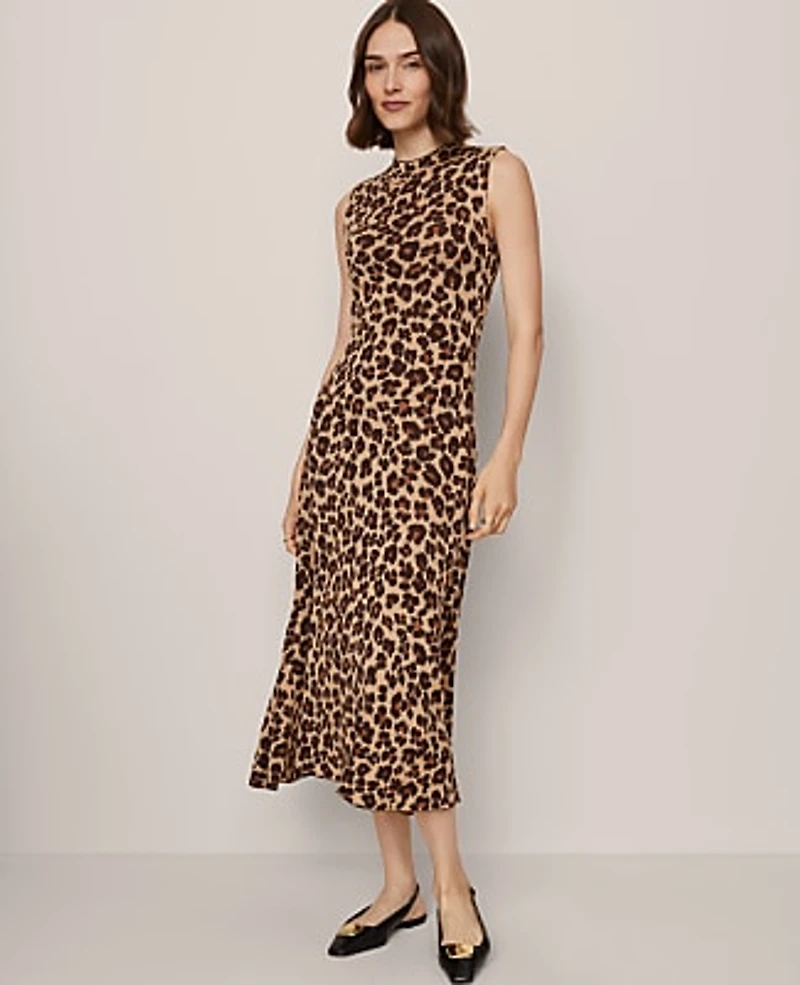 Ann Taylor Petite Animal Print Mock Neck Sweater Dress Almond Croissant Women's