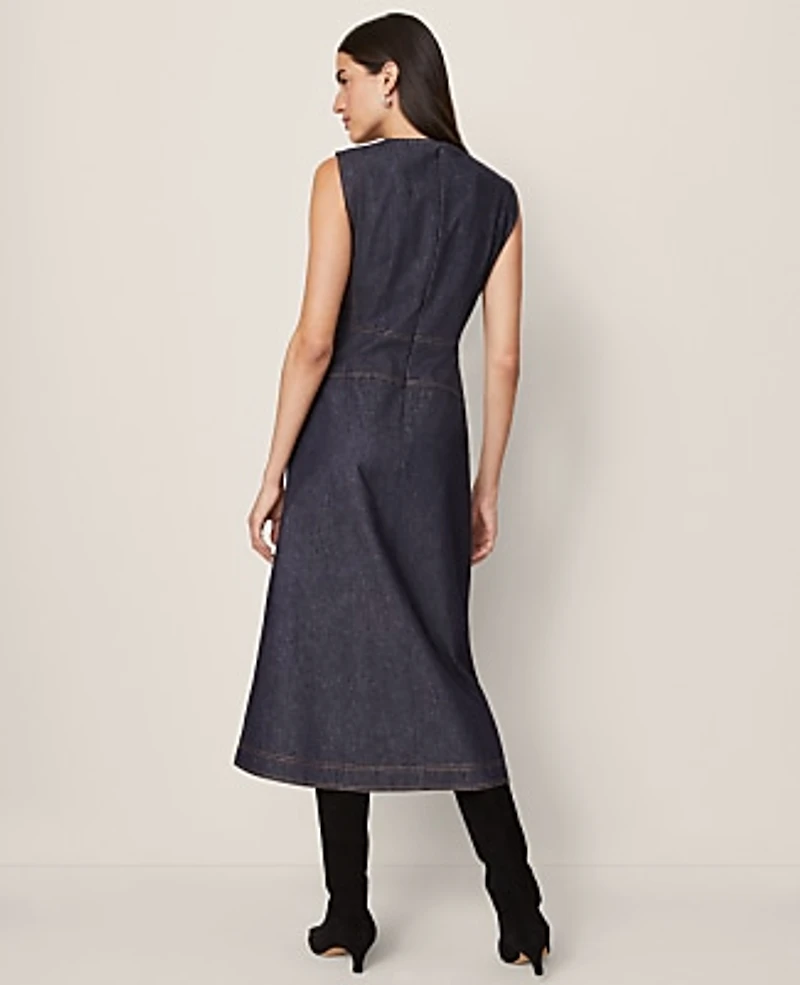 Ann Taylor Petite Weekend Crew Neck Flare Midi Dress Deep Indigo Women's