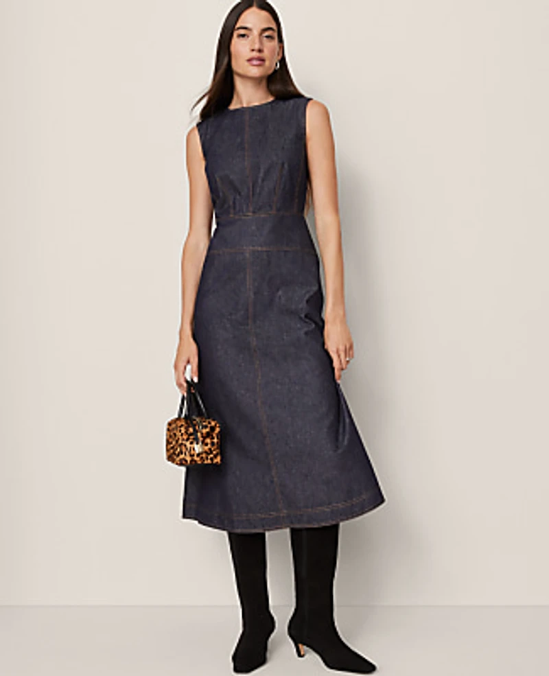 Ann Taylor Petite Weekend Crew Neck Flare Midi Dress Deep Indigo Women's