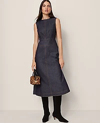 Ann Taylor Petite Weekend Crew Neck Flare Midi Dress Deep Indigo Women's