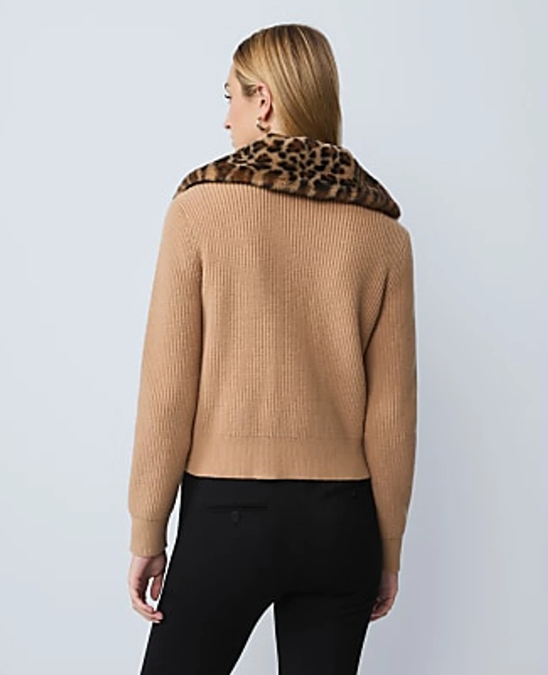 Ann Taylor Weekend Faux Fur Trim Ribbed Jacket Cafe Au Lait Women's