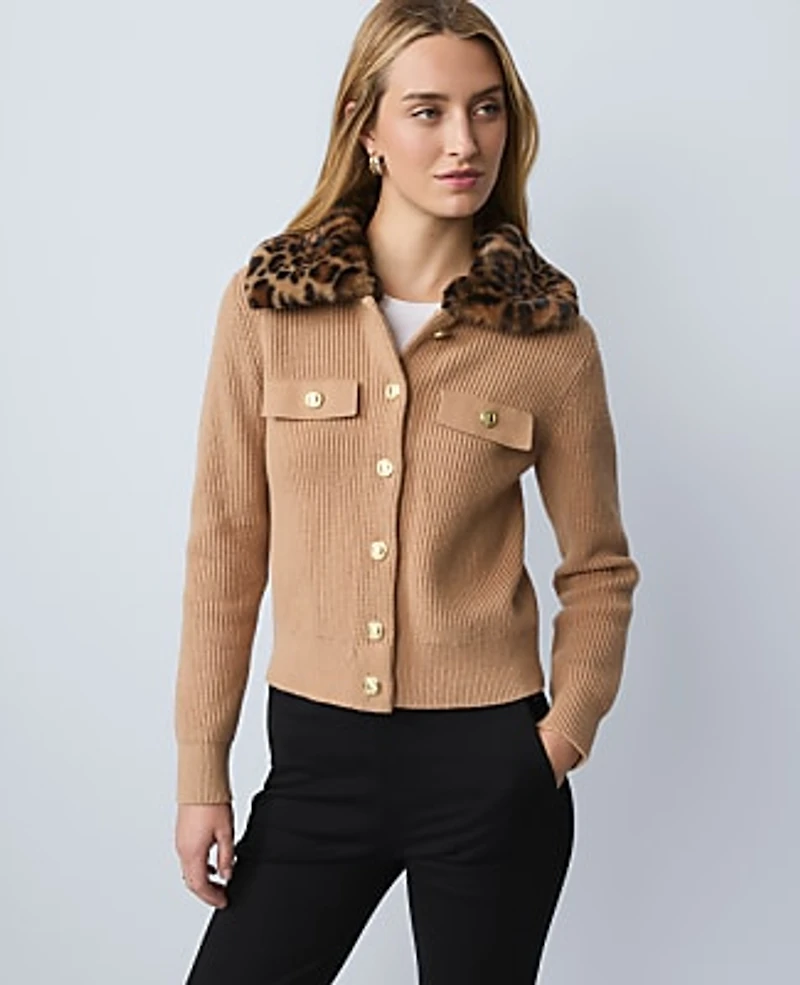 Ann Taylor Weekend Faux Fur Trim Ribbed Jacket Cafe Au Lait Women's