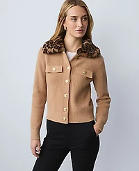 Ann Taylor Weekend Faux Fur Trim Ribbed Jacket Cafe Au Lait Women's