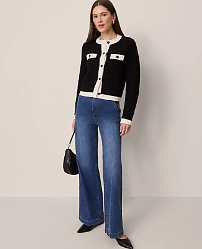Ann Taylor Textured Sweater Jacket Black/White Combo Women's