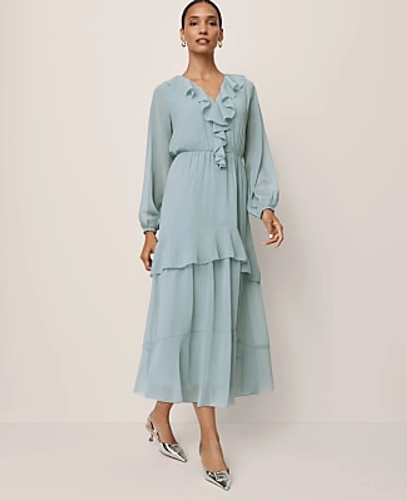 Ann Taylor Petite V-Neck Ruffle Maxi Dress Lakeside View Women's