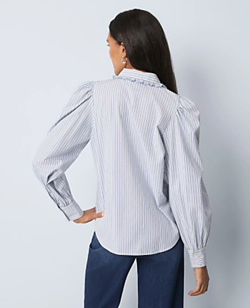Ann Taylor Weekend Striped Ruffle Collar Blouse Size Large Peaceful Periwinkle Women's