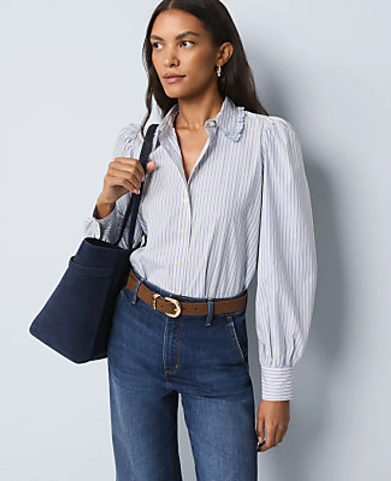 Ann Taylor Weekend Striped Ruffle Collar Blouse Size Large Peaceful Periwinkle Women's