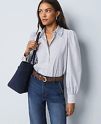 Ann Taylor Weekend Striped Ruffle Collar Blouse Size Large Peaceful Periwinkle Women's