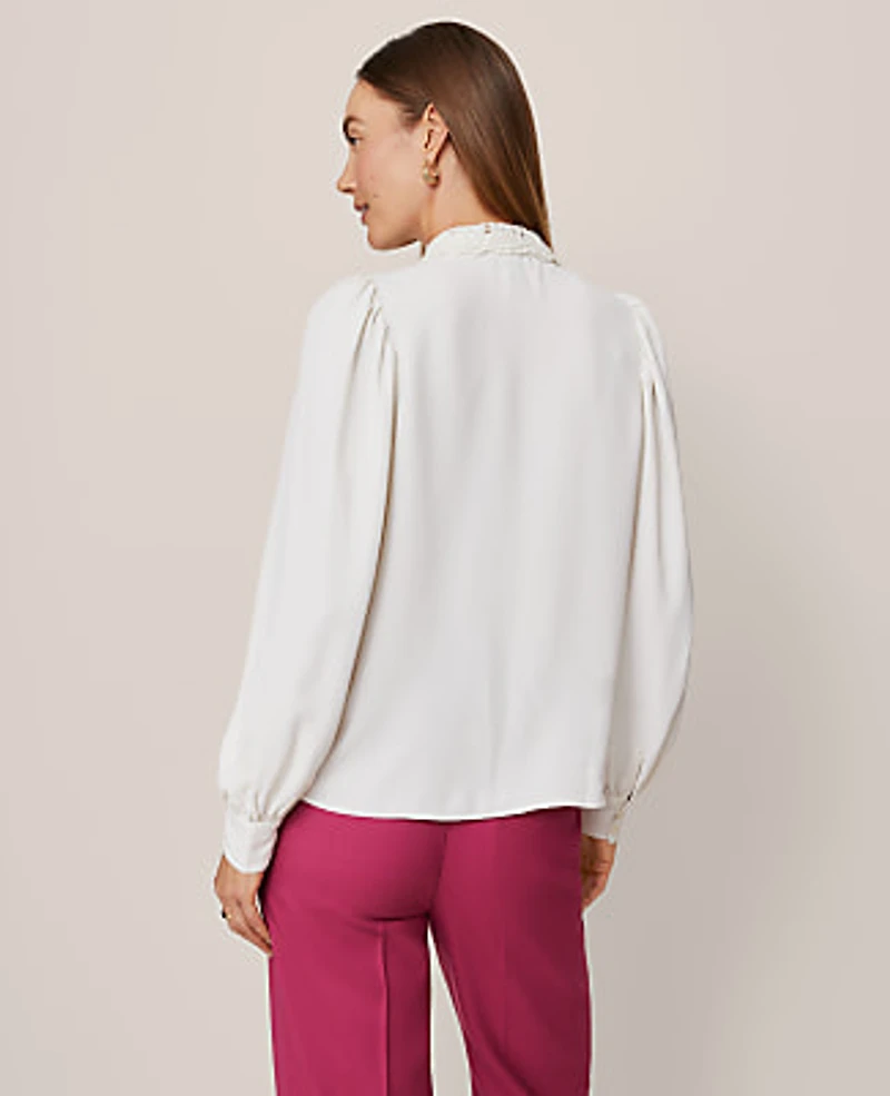 Ann Taylor Petite Lace Collar Blouson Sleeve Shirt Winter White Women's