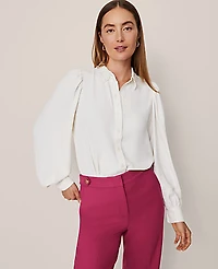 Ann Taylor Petite Lace Collar Blouson Sleeve Shirt Winter White Women's