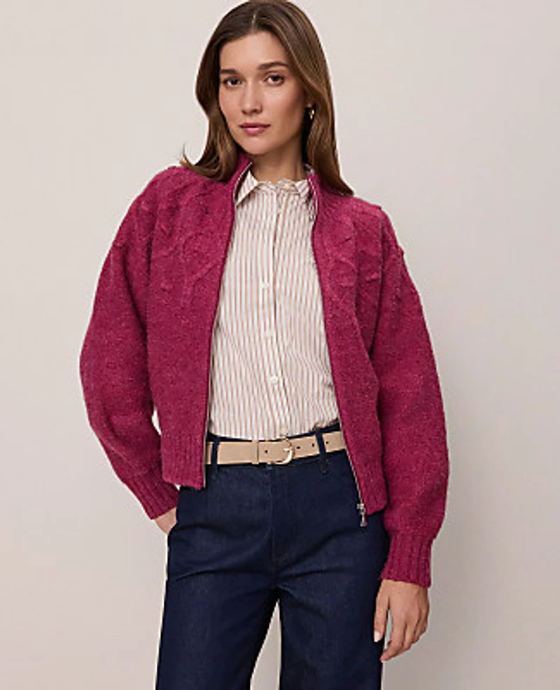 Ann Taylor Petite Weekend Cable Bomber Sweater Jacket Strawberry Shortcake Women's