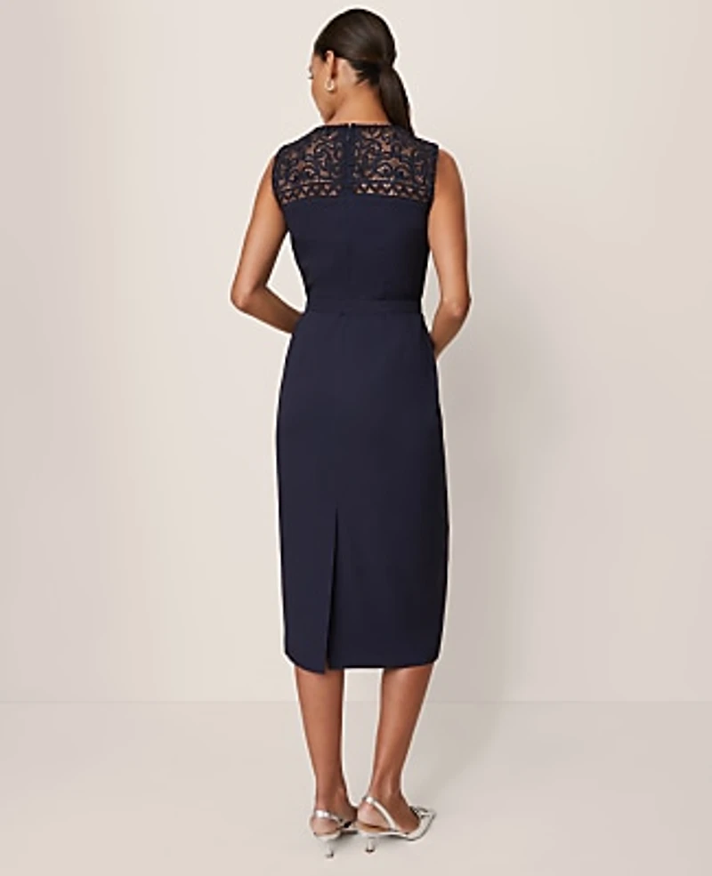 Ann Taylor Petite Lace Trim Satin Midi Dress Night Sky Women's