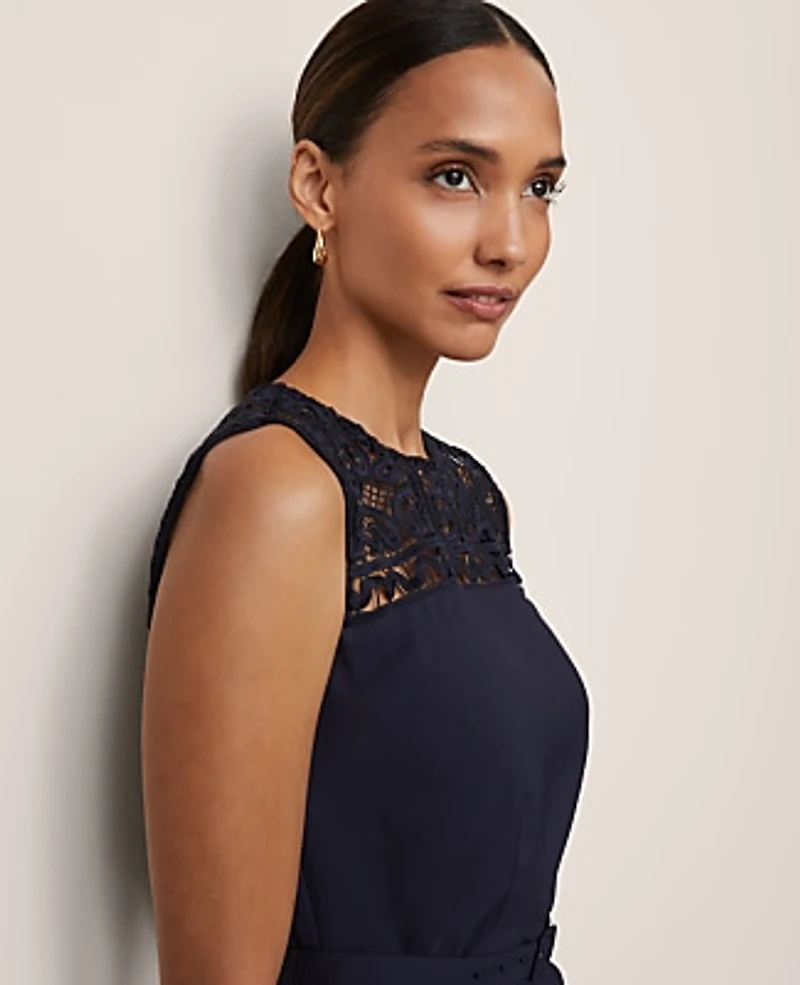 Ann Taylor Petite Lace Trim Satin Midi Dress Night Sky Women's