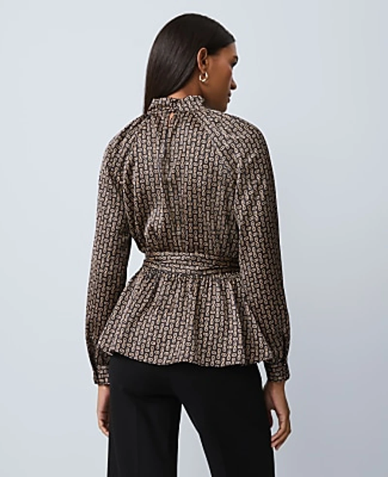 Ann Taylor Petite Chain Link Print Tie Waist Blouse Size Large Black Women's