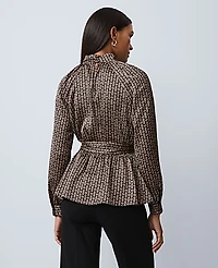 Ann Taylor Petite Chain Link Print Tie Waist Blouse Size Large Black Women's