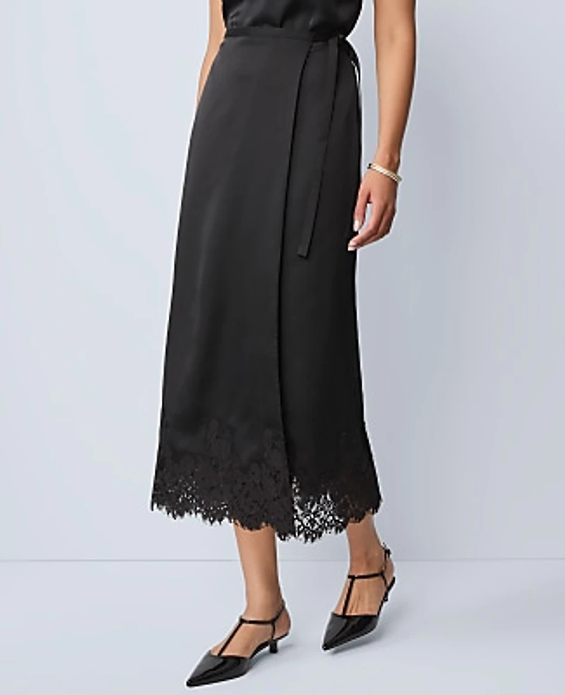 Ann Taylor Petite Satin Lace Hem Wrap Skirt Women's