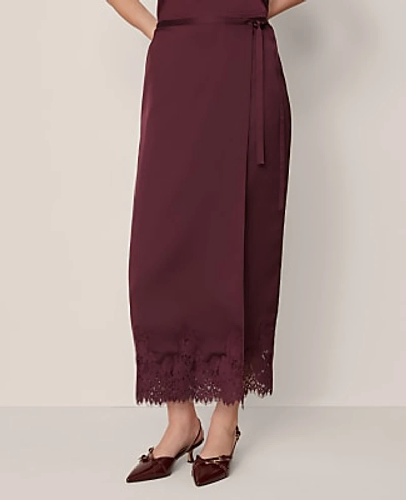 Ann Taylor Petite Satin Lace Hem Wrap Skirt Women's