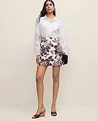 Ann Taylor Floral A-Line Skirt Linen Blend Rich Walnut Women's