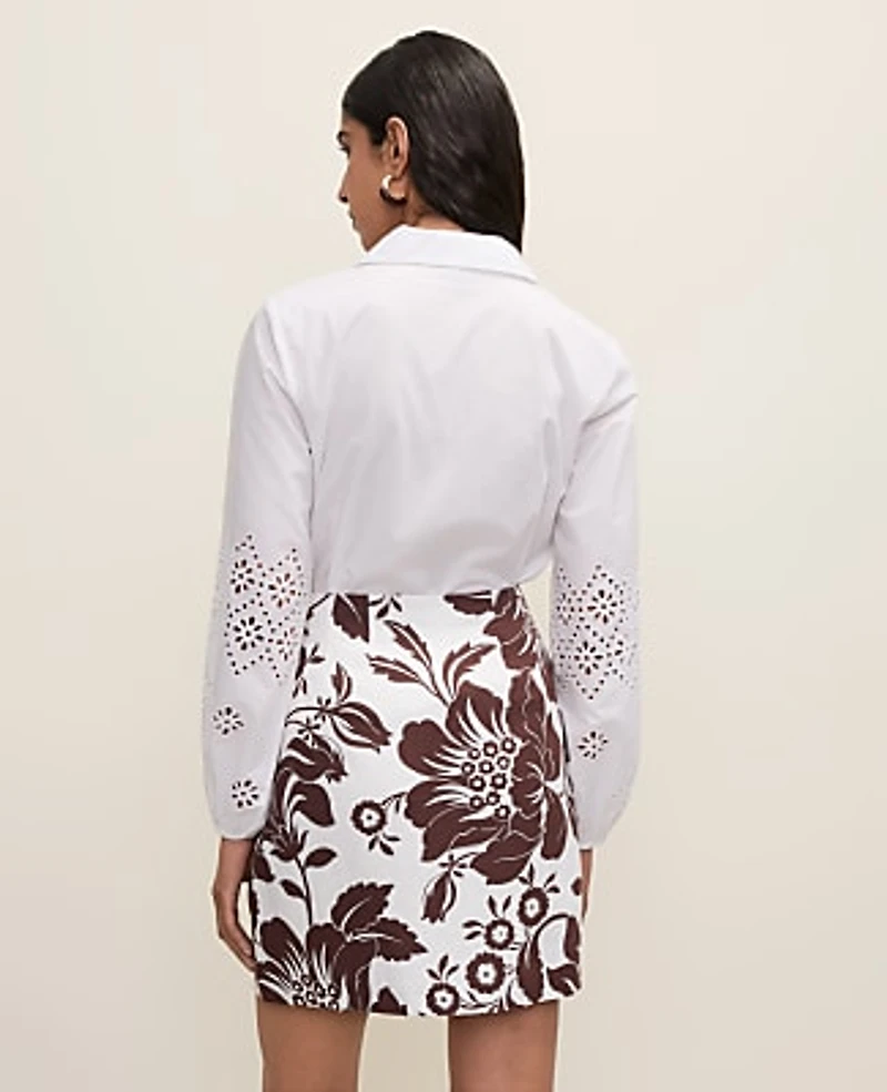 Ann Taylor Floral A-Line Skirt Linen Blend Rich Walnut Women's