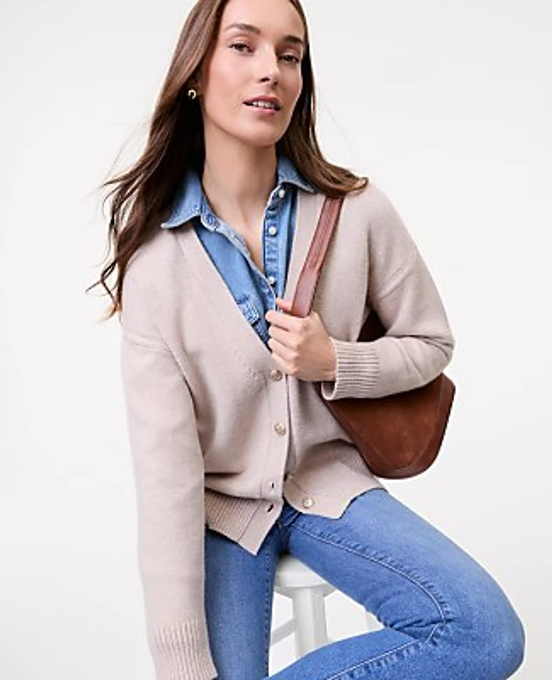 Ann Taylor Petite Weekend Boyfriend Cardigan Warm Limestone Melange Women's