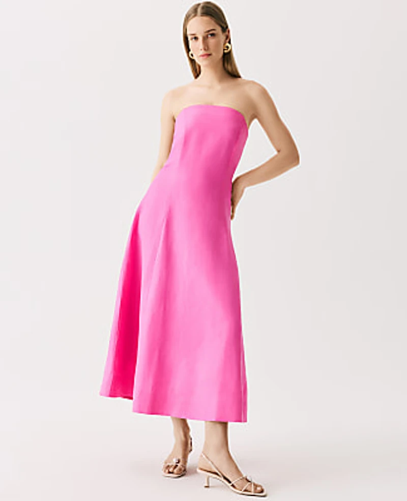 Ann Taylor Strapless Midi Dress Linen Blend Rhododendron Women's