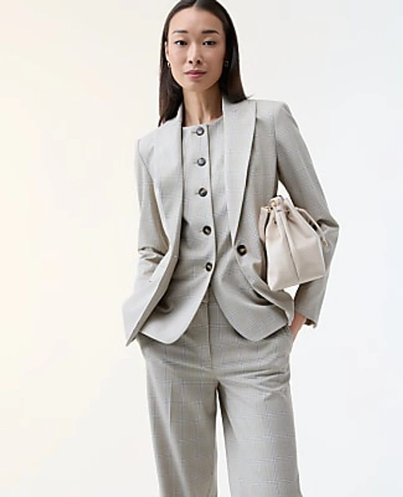 Ann Taylor The Fitted Blazer Plaid Tan/Blue Combo Women's
