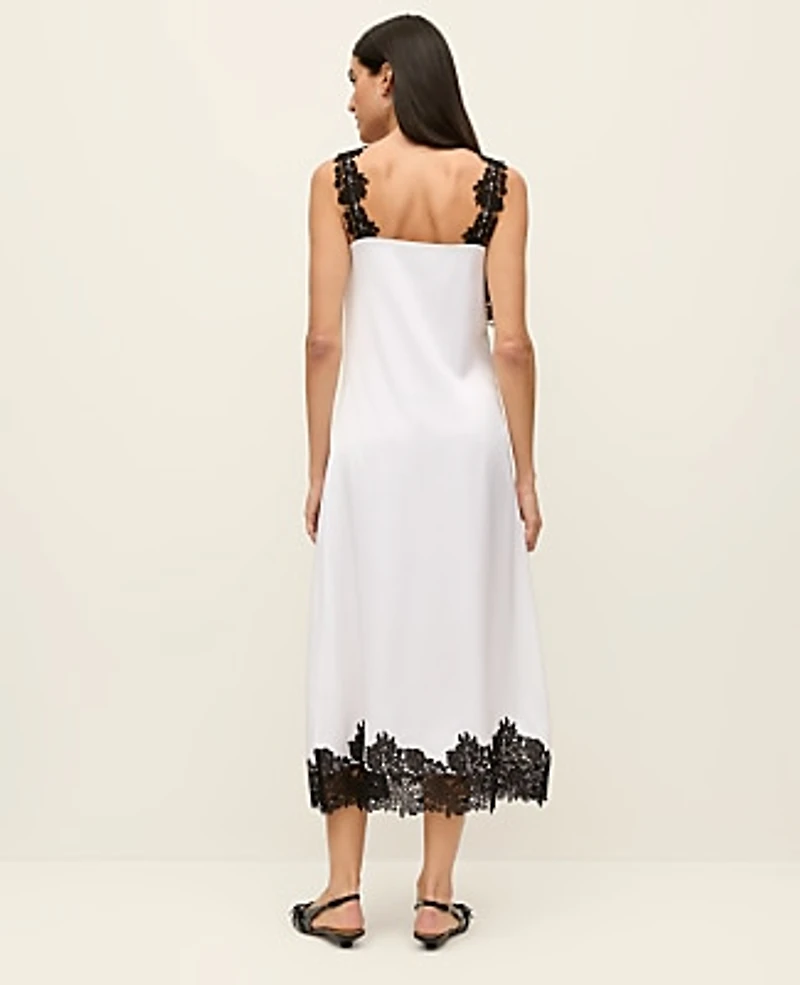 Ann Taylor Lace Trim Satin Slip Midi Dress White Women's