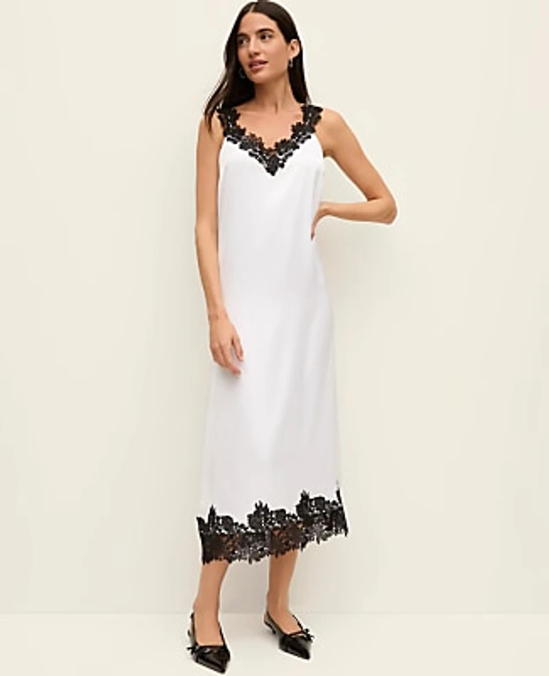 Ann Taylor Lace Trim Satin Slip Midi Dress White Women's