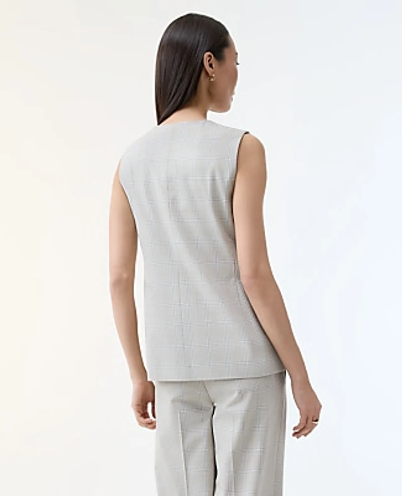 Ann Taylor The Long Crew Neck Vest Plaid Tan/Blue Combo Women's