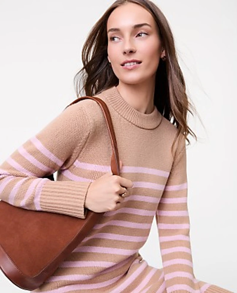 Ann Taylor Petite Weekend Collection Striped Sweater Shift Dress Camel Multi Women's