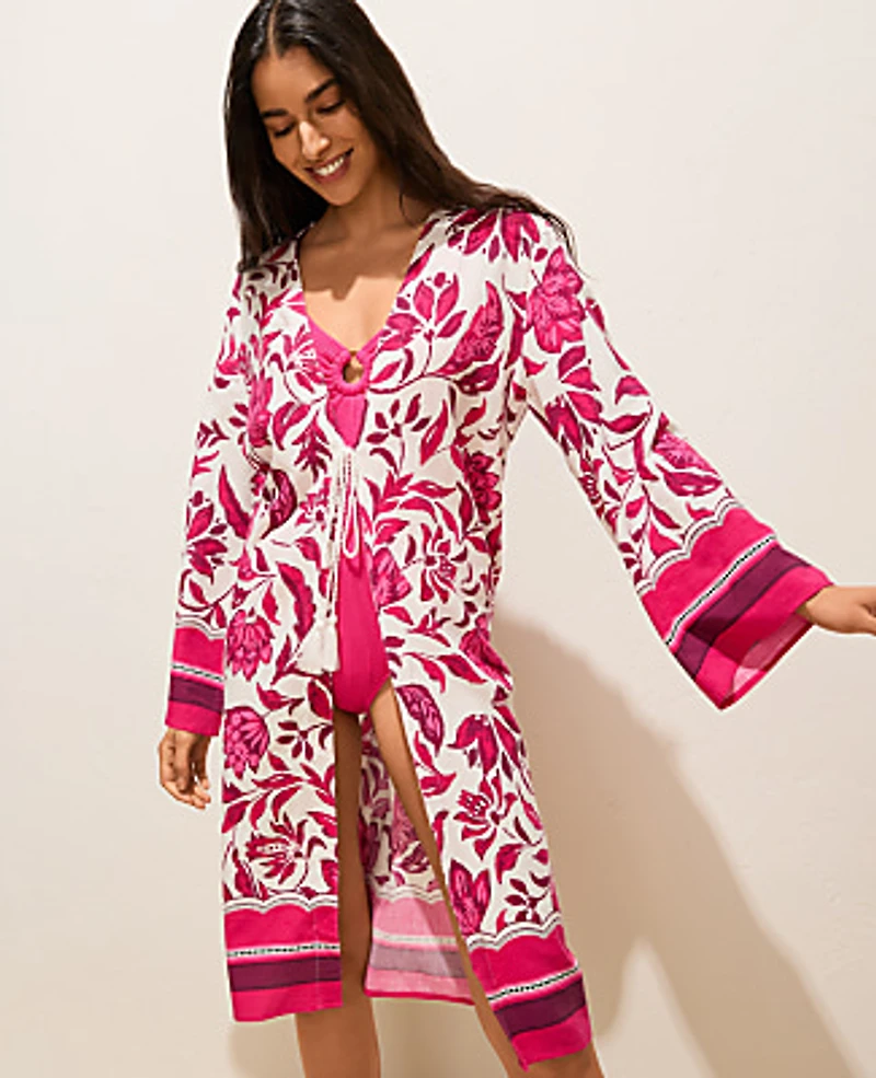 Ann Taylor Floral Beach Kimono Winter White Women's