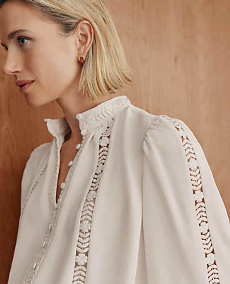 Ann Taylor Petite Lace Trim Blouse Winter White Women's
