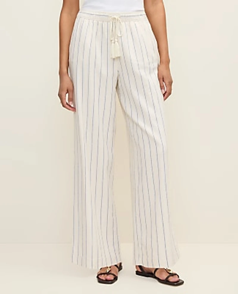Ann Taylor Weekend Striped Easy Fit Wide-Leg Pant Linen Blend Ocean Oasis Women's
