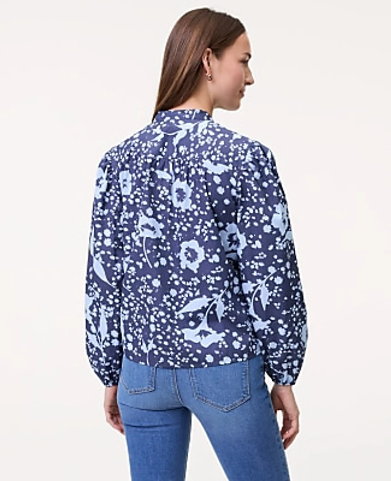 Ann Taylor Weekend Floral Stand Collar Blouse Subdued Navy Women's