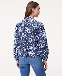 Ann Taylor Weekend Floral Stand Collar Blouse Subdued Navy Women's